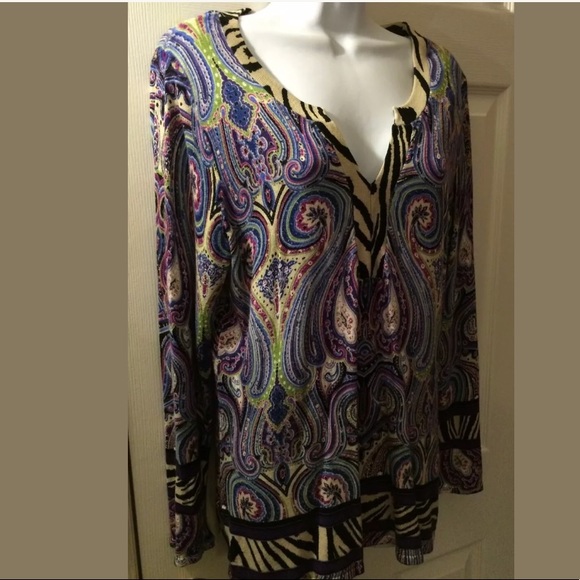 CHICOS Paisley Animal Print Sweater Purple Knit Long Tunic Length Soft Light - Picture 2 of 9